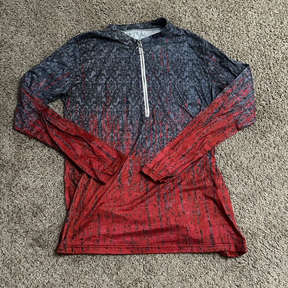 Red and Black Long Sleeve Top with Zipper